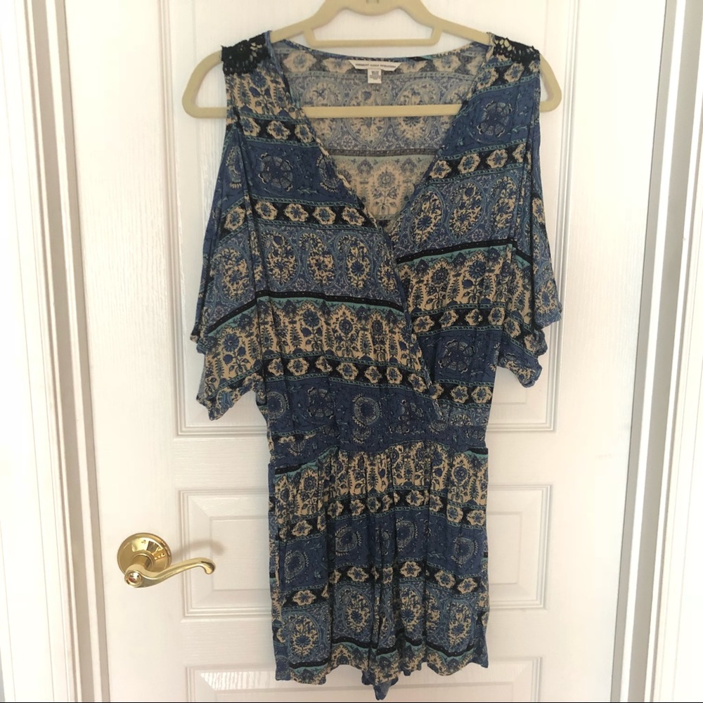 Blue and Cream Cold Shoulder Romper